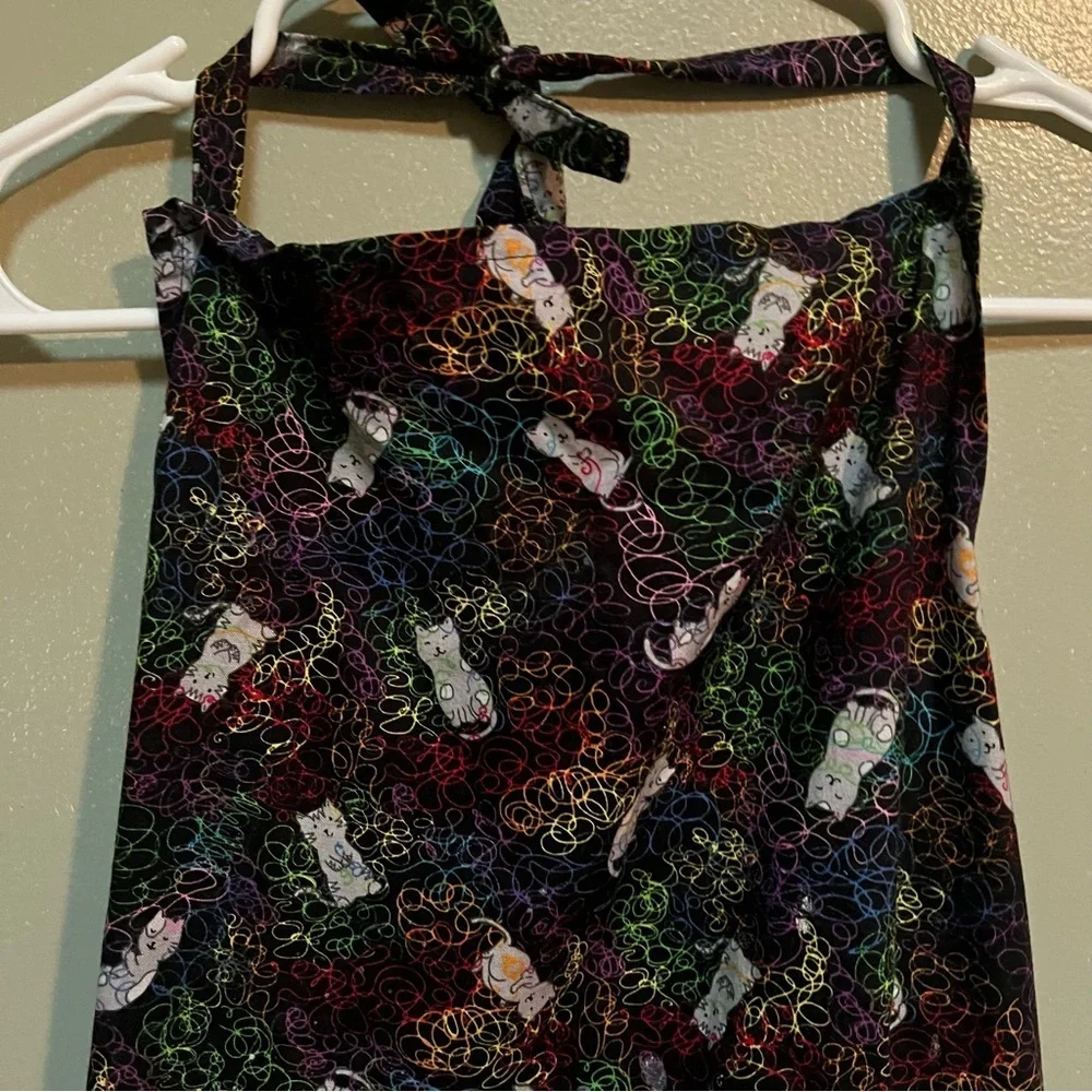 Handmade Apron Black Neon Cat Print Wine Bottle Details Pocket Tie Back